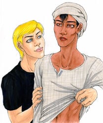 arab_male black_hair blue_eyes brown_eyes hadji imminent_sex jonny_quest jonny_quest_(series) shirt_lift tagme the_real_adventures_of_jonny_quest turban undressing_another yellow_hair