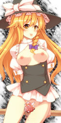 :p arms_behind_back barefoot blonde_hair bottomless braid breasts breasts_out censored female hat lily_white long_hair marisa_kirisame medium_breasts nipples no_panties novelty_censor pussy_juice solo symbol-shaped_pupils tongue tongue_out touhou tro witch_hat yellow_eyes