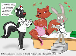 4_fingers anthro barefoot bed black_eyes black_fur black_nose breasts brown_fur closed_mouth clothes color dialog doctor dress female footwear fox fox_(skunk_fu!) fur furry furry_breasts furry_ears furry_tail grey_fur high_heels indoors interspecies long_ears male multiple_females nurse open_eyes open_mouth pointy_ears rabbit rabbit_(skunk_fu!) round_ears rule_63 shoes sitting skunk skunk_(skunk_fu!) skunk_fu! smile standing tail text tongue translation_request white_fur