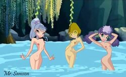 3girls 4kids_entertainment aged_down alternate_hairstyle ass breasts color darcy_(winx_club) eyeshadow female glasses hand_on_hip hands_behind_head hourglass_figure human icy_(winx_club) lipstick looking_at_viewer makeup mascara multiple_girls nickelodeon nipples rainbow_(animation_studio) samson_00 signature small_breasts stormy_(winx_club) the_trix thin_waist wasp_waist water winx_club witch witches yuri