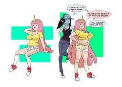 2girls adventure_time bbw big_breasts breasts canon_couple chubby chubby_female comic dialogue fat female female_focus female_only human ineffective_clothing marceline miss_that_man overweight overweight_female pale_skin plump pot_belly princess_bubblegum text thigh_gap tight_clothing vampire voluptuous weight_gain