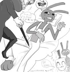 ^w^ anthro artist_request black_and_white black_pants blush_lines boner_in_pants bow_tie bunny bunny_ears caine_(the_amazing_digital_circus) cane censor_bar cleaver cleaver_(knife) cleaver_(weapon) denture digital_drawing_(artwork) drooling eye_ball eyes gangle_(the_amazing_digital_circus) gay glitch_productions gloves japanese_text jax_(the_amazing_digital_circus) magician magician_hat male male/male male_only monochrome pillow rabbit ribbon ribbons shaking_lines sweat sweating tagme teeth the_amazing_digital_circus tuxedo