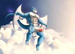 balls bandai_namco blue_body blue_skin bodily_fluids cum cum_on_penis digimon digimon_(species) dragon ejaculation exveemon genital_fluids genitals hi_res male male/male muscular muscular_male nude penis pose redremy7 scalie sex solo tail wings