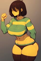 ai_generated athletic_female bob_cut brown_hair deltarune eyeless huge_breasts kris_(deltarune) kris_female_(deltarune) pixai redacted slim_waist thick_thighs xzcoroche yellow_skin