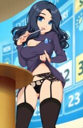 black_lingerie black_panties blue_eyes crush_crush dark_hair dress_lift flashing_panties light-skinned_female lingerie official_art panties sad_panda_studios slight_smile sofia_(crush_crush) solo stockings upskirt