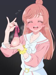 :d ^_^ black_background blush closed_eyes clothing commentary_request condom cum female filled_condom hair_bun highres hirogaru_sky!_precure holding holding_condom long_hair long_sleeves meme nijigaoka_mashiro open_mouth pink_shirt precure pretty_cure pubic_hair red_hair sailor_collar school_uniform scrunchie shirt simple_background single_hair_bun skirt smile solo string_play_spider_baby_(meme) sweat tedain used_condom white_sailor_collar white_skirt wrist_scrunchie yellow_scrunchie