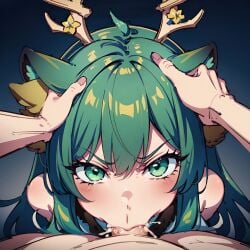 1girls ai_generated angry angry_face animal_ear_fluff animal_ears antlers arbitrary blowjob cum cum_in_mouth deepthroat dress eye_contact fellatio forced_oral green_eyes green_hair hands_on_head haruka_karibu hi_res looking_at_viewer oral_creampie penis_in_mouth pov stable_diffusion virtual_youtuber vshojo