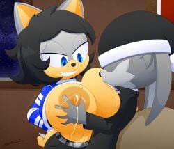 1boy 1girls anthro big_breasts black_hair blue_eyes breast_grab breast_milk breast_sucking breastfeeding breasts fan_character furry huge_breasts lactating lactation large_breasts makia_(slickehedge) short_hair slickehedge smirk sonic_(series) sonic_oc sonic_the_hedgehog_(series)