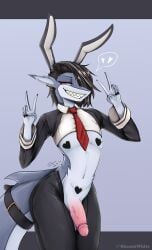 anthro big_penis bunny_costume clothing costume fish genitals gesture hi_res legwear looking_at_viewer male marine necktie pasties penis reverse_bunny_costume shark shirt smile standing stockings topwear v_sign