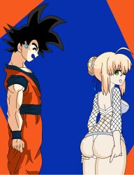 artoria_pendragon breasts bubble_butt couple crossover crossover_pairing cute cute_expression dragon_ball dragon_ball_super fate_(series) goku love lovers round_ass saber showing_ass son_goku teasing