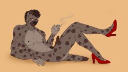 absurd_res anthro breasts cigarette cigarette_smoke clothing footwear genitals gynomorph hi_res hyena intersex jane_brown mammal penis pinup pose shoes smoke solo tanzmitmir