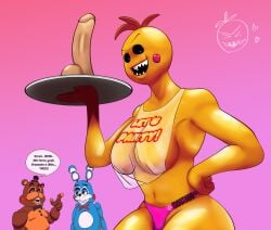 1girls 2boys animatronic bear bib big_ass big_breasts black_eyes chicken dildo five_nights_at_freddy's fnaf huge_ass huge_breasts looking_at_viewer mouthgg panties pink_panties robot sharp_teeth shiny_skin smile smug speech_bubble toy_bonnie_(fnaf) toy_chica_(fnaf) toy_freddy_(fnaf) transparent_clothing video_games yellow_body