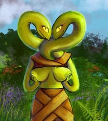 2_heads adultfuntime adventure_time adventure_time_distant_lands anthro breasts breasts_out clothing conjoined digital_media_(artwork) female female_only goddess green_skin holding_breast life_(adventure_time) multi_head reptile snake solo tagme