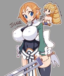 archer_(disgaea) blonde_hair breast_envy breasts brown_hair disgaea gigantic_breasts huge_breasts impossible_clothes impossible_shirt large_breasts long_hair magic_knight_(disgaea) masked_agent nipples nippon_ichi_software pointy_ears puffy_nipples shirt short_hair small_breasts thick_thighs thighs tight_clothes tight_shirt twintails wide_hips