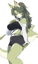 1girls 2023 anchovy_(cursedanchovy) big_breasts blush blush_lines breasts canine claws cream_fur ear_piercing eyelashes female female_only freckles furry furry_only green_body green_hair half-closed_eyes hufy926 hybrid inner_ear_fluff leaning_back looking_at_viewer navel shark shark_tail simple_background tail wolf wolf_ears wolf_girl yellow_eyes