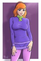 1girls 2023 artist_name big_breasts clothed daphne_blake daphne_blake_(mystery_incorporated) duck_smuggler female female_only fully_clothed hairband painted_nails pinup purple_eyes red_hair scooby-doo scooby-doo!_mystery_incorporated solo tight_clothing