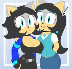 2girls anthro big_breasts black_hair blue_eyes breasts cleavage daughter elise_(slickehedge) fan_character female_only furry huge_breasts large_breasts makia_(slickehedge) milf mobian_(species) mother mother_and_daughter oc short_hair slickehedge sonic_(series) sonic_oc sonic_the_hedgehog_(series)