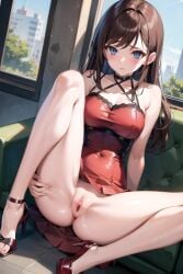 1girls ai_generated asian_female blue_eyes bottomless brown_hair looking_at_viewer pussy red_clothing small_pussy