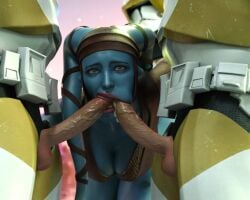 1girls aayla_secura alternate_version_available blender cum cum_in_mouth double_blowjob drinkerofskies female hi_res male multiple_boys penis star_wars threesome two_dicks_one_mouth