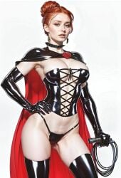 1girls ai_generated ai_hands black_queen cape celebrity choker elbow_gloves female female_only hellfire_club human human_only jean_grey latex latex_cape latex_corset latex_gloves light-skinned_female light_skin marvel solo sophie_turner whip x-men