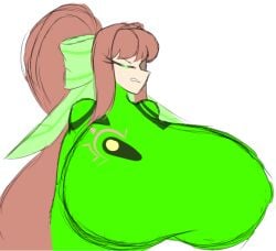 1girls 2023 angry big_breasts brown_hair cosplay crossover doctordrawnass doki_doki_literature_club female green_bow green_eyes green_suit gritted_teeth huge_breasts metroid monika_(doki_doki_literature_club) nintendo samus_aran_(cosplay) zero_suit zero_suit_samus_(cosplay)