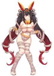 1girls bandage bandaged_arm big_breasts black_hair blush breasts cleavage eggberb egyptian fanart feet female fox_ears fox_girl giselle_(project_qt) hi_res jewelry large_breasts mummy painted_nails painted_toenails project_qt red_eyes thick_thighs toes twintails underboob white_background