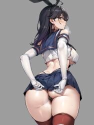 1girls adjusting_clothes ahoge ai_generated ass bangs bare_shoulders black_hair black_hairband black_panties blue_skirt blush breasts brown_eyes closed_mouth cosplay crop_top crop_top_overhang elbow_gloves female_only from_behind gloves grey_background hairband hi_res highleg highleg_panties kantai_collection large_breasts long_hair looking_at_viewer looking_back microskirt panties pleated_skirt sailor_collar school_uniform serafuku shimakaze_(kantai_collection) shimakaze_(kantai_collection)_(cosplay) simple_background skindentation skirt solo solo_female striped striped_thighhighs sweat thick_thighs thighhighs thighs thong thong_above_skirt tori33 torisan underboob undersized_clothes underwear ushio_(kantai_collection) white_gloves