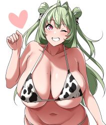 1girls beauty_mark belly_button bikini breasts cleavage cow_print cow_print_bikini eyebrows_visible_through_hair female female_only goddess_of_victory:_nikke green_hair happy heart huge_breasts light-skinned_female light_skin looking_at_viewer one_eye_closed pink_eye ryo_(ra_seaf/mozoshi) soda_(nikke) solo swimsuit