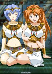 2girls asuka_langley_sohryu bare_arms bare_legs bare_midriff bare_shoulders belly_button belt blue_hair bracelet breasts collar egypt egyptian egyptian_clothing female female_only ginger_hair gold_belt gold_bracelets gold_collar gold_headwear gold_tiara golden_belt golden_bracelets golden_collar golden_headwear golden_tiara headwear human light-skinned_female light_skin long_hair midriff navel neon_genesis_evangelion orange_hair palcomix pale-skinned_female pale_skin red_hair rei_ayanami shirt short_hair silk_skirt silk_top snake snake_bracelet tiara white_skirt