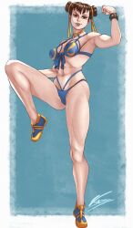 1girls 2023 bent_leg bikini brown_eyes brown_hair capcom chun-li female female_only flexing_bicep fully_clothed hair_buns lingerie looking_at_viewer smiling smiling_at_viewer solo standing_on_one_leg street_fighter street_fighter_alpha swimsuit twin_buns very_high_resolution zanyert