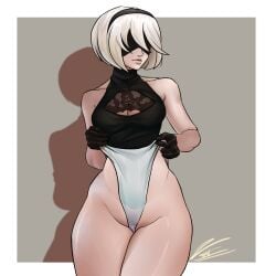 1girls 2023 blindfold female female_only gloves hairband legs_together leotard leotard_pull medium_hair nier nier:_automata nier_(series) short_hair small_breasts solo solo_female thick_thighs thighs very_high_resolution white_hair wide_hips yorha_2b zanyert