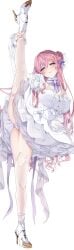 dorothy_(nikke) flexible goddess_of_victory:_nikke large_breasts leg_lift pink_hair purple_eyes smile standing_split white_panties yoru_(pixiv)