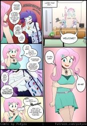 4girls aloe_(mlp) beige_skin blue_eyes blue_hair blue_skin blush choker comic edit embarrassed english_text equestria_girls eyeshadow female_only fluttershy_(eg) humanization humanized lotus_blossom my_little_pony open_mouth page_1 pink_hair pink_skin pshyzo purple_hair rarity_(eg) spa spa_sisters_(mlp) speech_bubble third-party_edit white_skin