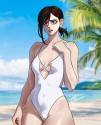 1girls 2023 absurd_res beach black_hair blurry_background brown_eyes chainsaw_man detailed_background female female_only hairclip higashiyama_kobeni seaside solo sweat swimsuit very_high_resolution zanyert