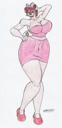 anthro big_breasts big_hips bonkers brown_body brown_eyes brown_fur brown_hair eyeshadow fawn_deer furry high_heels lipstick marlon64 pink_dress ribbon ribbon_in_hair short_dress traditional_drawing_(artwork) white_background