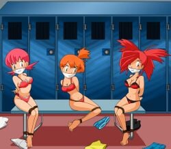 3girls bare_arms bare_legs bare_midriff bare_shoulders bare_thighs barefoot belly_button big_breasts bikini bikini_bottom bikini_top black_bikini black_bikini_bottom black_bikini_top blue_eyes bondage brown_eyes cleavage cloth_gag cloth_over_mouth female female_only flannery_(pokemon) gag_bondage gagged ginger_hair hair_tied_back kasumi_(pokemon) kidnapped locker_room long_hair medium_breasts midriff multiple_girls navel pink_bikini pink_bikini_bottom pink_bikini_top pink_hair pokemon pokemon_gsc pokemon_rgby pokemon_rse ponytail red_bikini red_bikini_bottom red_bikini_top red_hair short_hair side_ponytail thick_thighs tied_ankles tied_arms tied_hair tied_legs tied_up whitney_(pokemon)