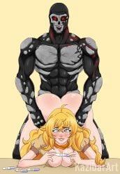 1girls ass ass_up beringel blue_eyes doggy_style doggy_style_position facing_forward facing_viewer female front_view glowing_eyes grimm_(rwby) hanging_breasts humanoid interspecies kazibar long_hair looking_pleasured monster muscular_arms muscular_male on_all_fours on_knees pregnancy_test pregnant rwby sex_from_behind silver_eyes top-down_bottom-up watermark yang_xiao_long