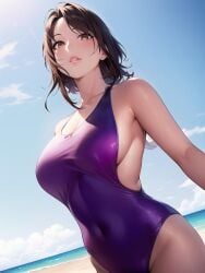 1girls ai_generated ai_mirror beach belly_button_visible_through_clothing blush brown_eyes brown_hair down_angle looking_at_viewer looking_worried medium_breasts medium_hair purple_swimsuit sea seaside sky thick_lips white_skin