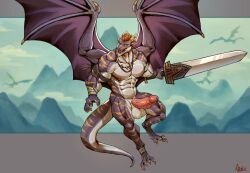 abs anthro ariswuffo balls biceps bottomwear claws clothing dragon erection genitals hi_res holding_object holding_sword holding_weapon jewelry loincloth looking_at_viewer male markings melee_weapon membrane_(anatomy) membranous_wings muscular_calves muscular_thighs necklace nipple_piercing nipples open_mouth orange_markings pecs penis piercing purple_body red_penis solo solo_focus sword tail teeth triceps vein veiny_penis weapon white_body wings