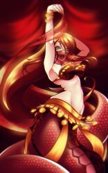 amber_eyes bare_arms bare_midriff bare_shoulders belly_button belly_dancer belly_dancer_outfit bra bracelet dancer dancer_class dancer_outfit face_veil gold_bracelets gold_skirt golden_bracelets golden_skirt harem harem_girl harem_outfit lamia long_hair mia midriff monster_girl monster_musume_no_iru_nichijou navel red_bra red_hair silk_bra silk_clothing silk_dancing silk_scarf silk_veil skirt snake snake_girl veil