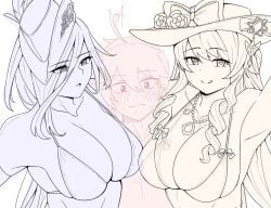 1boy 2girls aether_(genshin_impact) akazuan_19 big_breasts bikini black_and_white blush clorinde_(genshin_impact) color drawing genshin_impact hat heart-shaped_pupils holding horny_female mihoyo navia_(genshin_impact) shy straight taller_girl threesome wip