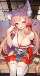 big_breasts fox_ears fox_tail green_eyes looking_at_viewer miko_outfit pink_hair ribbon thick_thighs thighhighs thighs