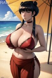 1girls ai_generated avatar_legends avatar_the_last_airbender beach big_breasts black_hair breasts busty cleavage dark_hair double_bun female female_focus female_only fire_nation fr34ky goth_girl gothic hairbun huge_breasts large_breasts looking_at_viewer mai_(avatar) noblewoman solo solo_female