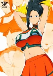 armpits arms_behind_head ass_cheeks ass_focus bare_armpits bare_arms bare_midriff bare_shoulders belly_button big_breasts black_eyes black_hair blush blush_lines cheerleader cheerleader_outfit cheerleader_uniform collar crop_top green_collar kaos_art long_hair midriff momo_yaoyorozu my_hero_academia navel orange_crop_top orange_skirt panties pom_poms ponytail skirt white_panties yaoyorozu_momo yellow_pom_poms