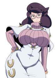 1girls alternate_version_available big_breasts breasts clothing eyewear female female_only game_freak glasses green_eyes hair hand_on_hip hips huge_breasts koutarosu large_breasts mature mature_female mature_woman pink_glasses pokemon pokemon_sm purple_hair smile solo solo_female thighs voluptuous wicke_(pokemon) wide_hips