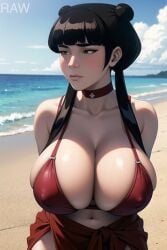 1girls ai_generated avatar_legends avatar_the_last_airbender beach big_breasts black_hair breasts busty cleavage dark_hair double_bun female female_focus female_only fire_nation fr34ky goth_girl gothic hairbun huge_breasts large_breasts looking_at_viewer mai_(avatar) noblewoman solo solo_female