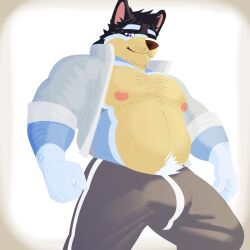 1boy 2023 2d anthro bandit_heeler bara blue_fur bluey_(series) bluey_(show) bulge bulge_through_clothing canine chest chest_hair dad_bod daddy dilf exposed_breasts facial_hair furry furry_only hi_res highres looking_down male male_only muscular muscular_anthro muscular_male pants solo solo_focus solo_male sweatpants trousers veljko