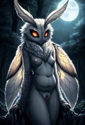 ai_assisted ai_generated anthro furrygoddesses glowing_eyes moon moth moth_girl naked night nipples pussy small_breasts solo solo_female wings