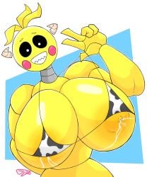 1girls animatronic artist_signature bikini cow_horns cow_print cowkini five_nights_at_freddy's fnaf gr8p_ju1ce grapejuicerulez horns huge_breasts lactation nipples peace_sign robot robot_girl rosy_cheeks sharp_teeth signature simple_background smile toy_chica_(fnaf) white_pupils