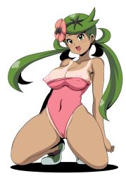 1girls areolae big_breasts breasts breasts_out dark-skinned_female exposed_breasts female flower flower_in_hair footwear game_freak green_eyes green_hair hair hair_ornament huge_breasts koutarosu mallow_(pokemon) nipples one-piece_swimsuit open_mouth pink_leotard pink_one-piece_swimsuit pink_swimsuit pokemon pokemon_sm shoes solo solo_female swimsuit tan tan_lines tanline tanlines thick_thighs thighs twintails white_background